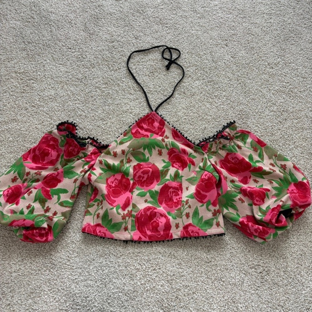 Anthropologie Frida Crop Top Womens XS Pink Tan Floral Rose Puff Sleeve Romantic